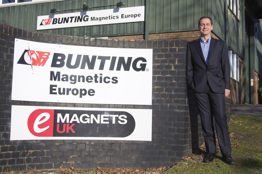 Simon Ayling outside Bunting Magnetics Berkhamsted